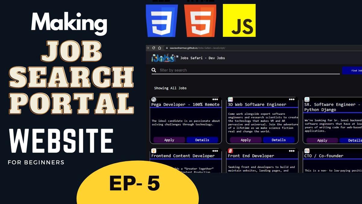 'Video thumbnail for Building a Job Portal Website with HTML CSS JavaScript | Beginner Level | EP 5'