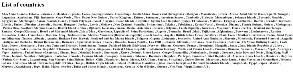 COVID API- list of countries